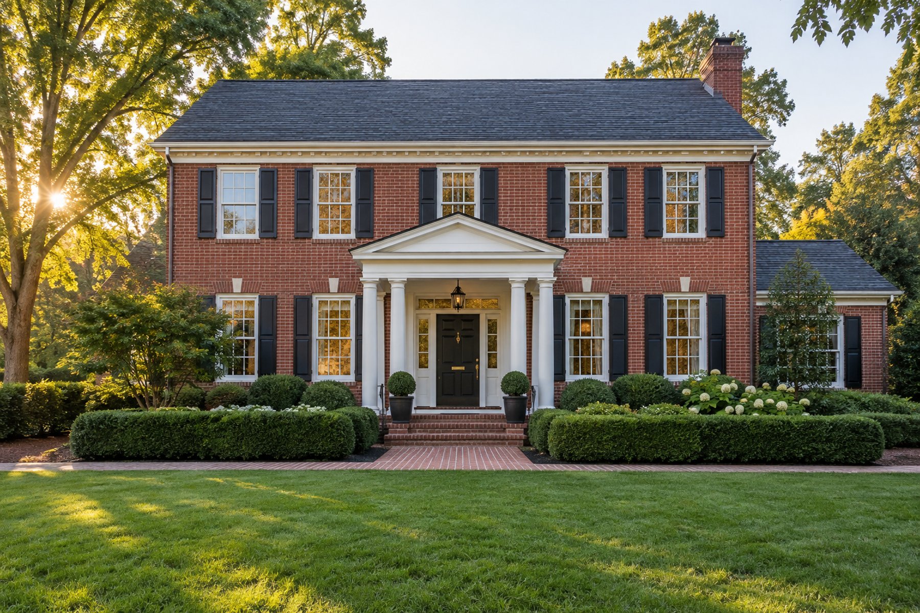 A brick colonial home with a white porch, illustrative